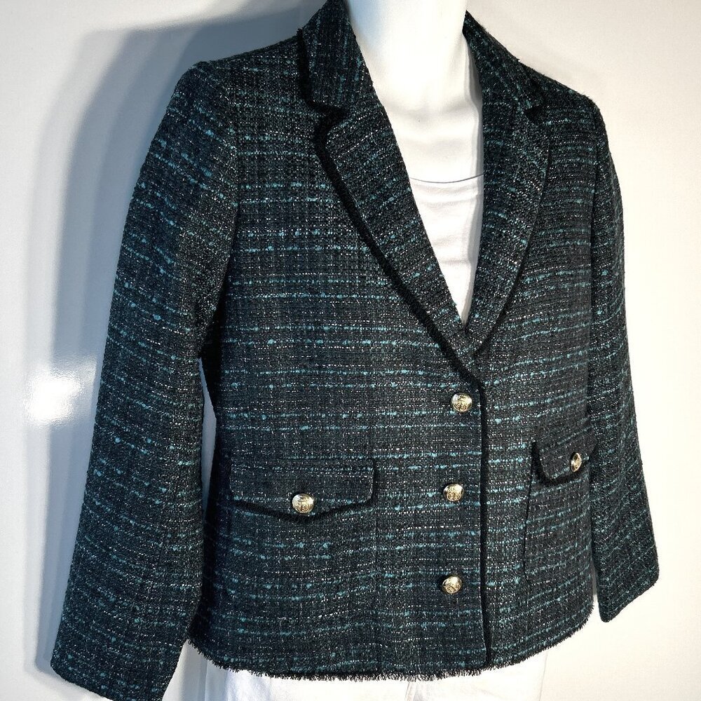 Talbots SZ 10 Tailored Tweed Boxy Blazer Teal & Black Academia Preppy Old Money